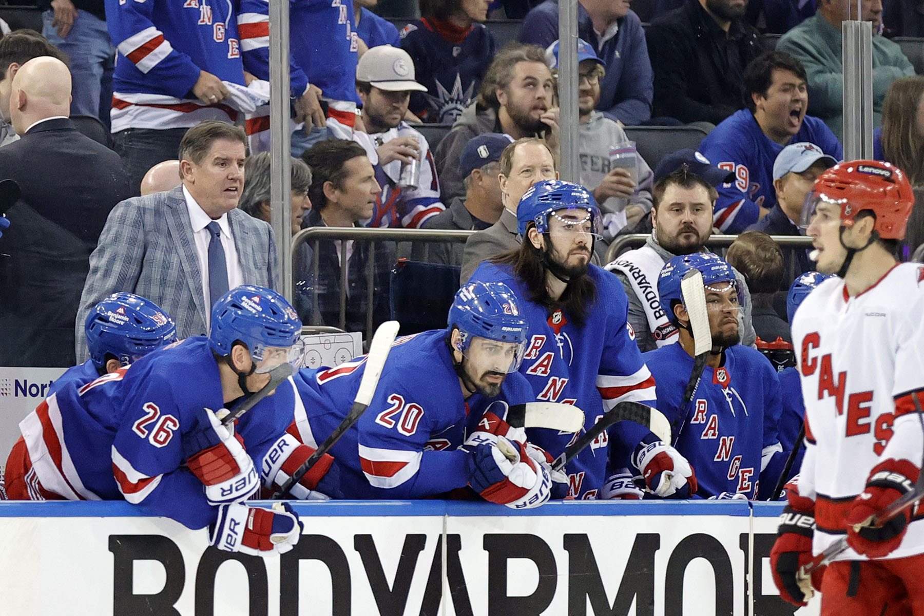New York Rangers head coach Peter Laviolette along with Jimmy Vesey, Chris Kreider, Mika Zibanejad, and New York Rangers defenseman K'Andre Miller react on the bench during tonightâs game. The Carolina Hurricanes defeat the New York Rangers 4-1 at Madison Square Garden in New York, New York, USA, May 13, 2024. 