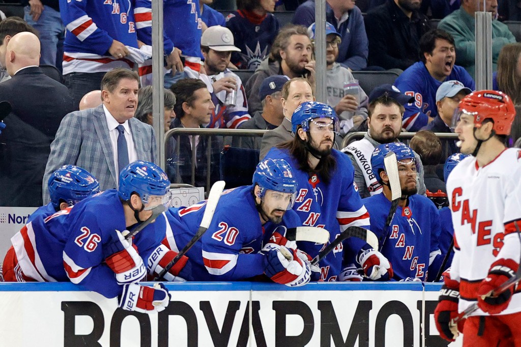 New York Rangers head coach Peter Laviolette along with Jimmy Vesey, Chris Kreider, Mika Zibanejad, and New York Rangers defenseman K'Andre Miller react on the bench during tonightâs game. The Carolina Hurricanes defeat the New York Rangers 4-1 at Madison Square Garden in New York, New York, USA, May 13, 2024. 