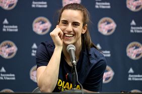 Caitlin Clark #22 of the Indiana Fever talks to the media before the game against the Washington Mystics at Capital One Arena on June 07, 2024 in Washington, DC