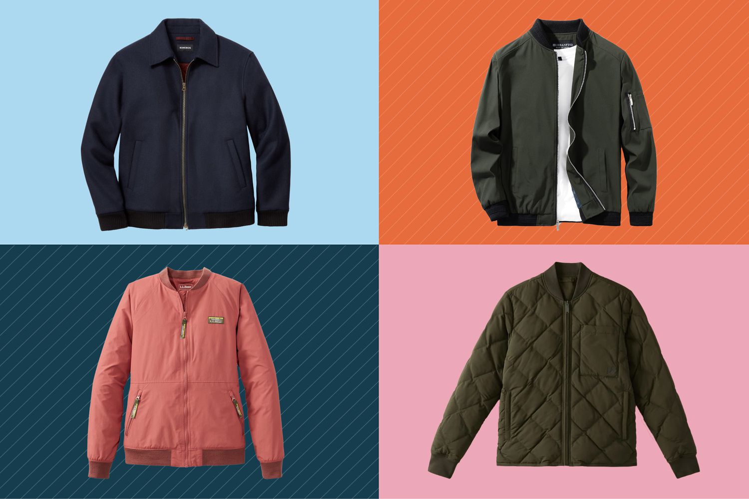 Collage of four of the best bomber jackets, each on a different color background. 