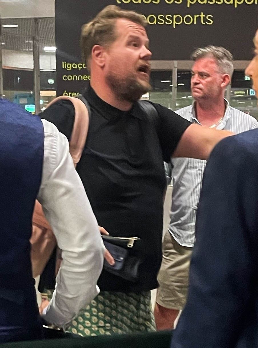James Corden is seen at the Lisbon, Portugal airport complaining to British Airways staff on May 31, 2024.