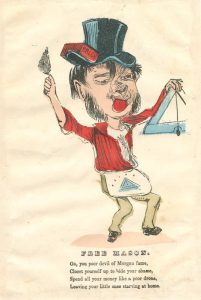 a card depicting a caricature of a mason with disparaging verse below