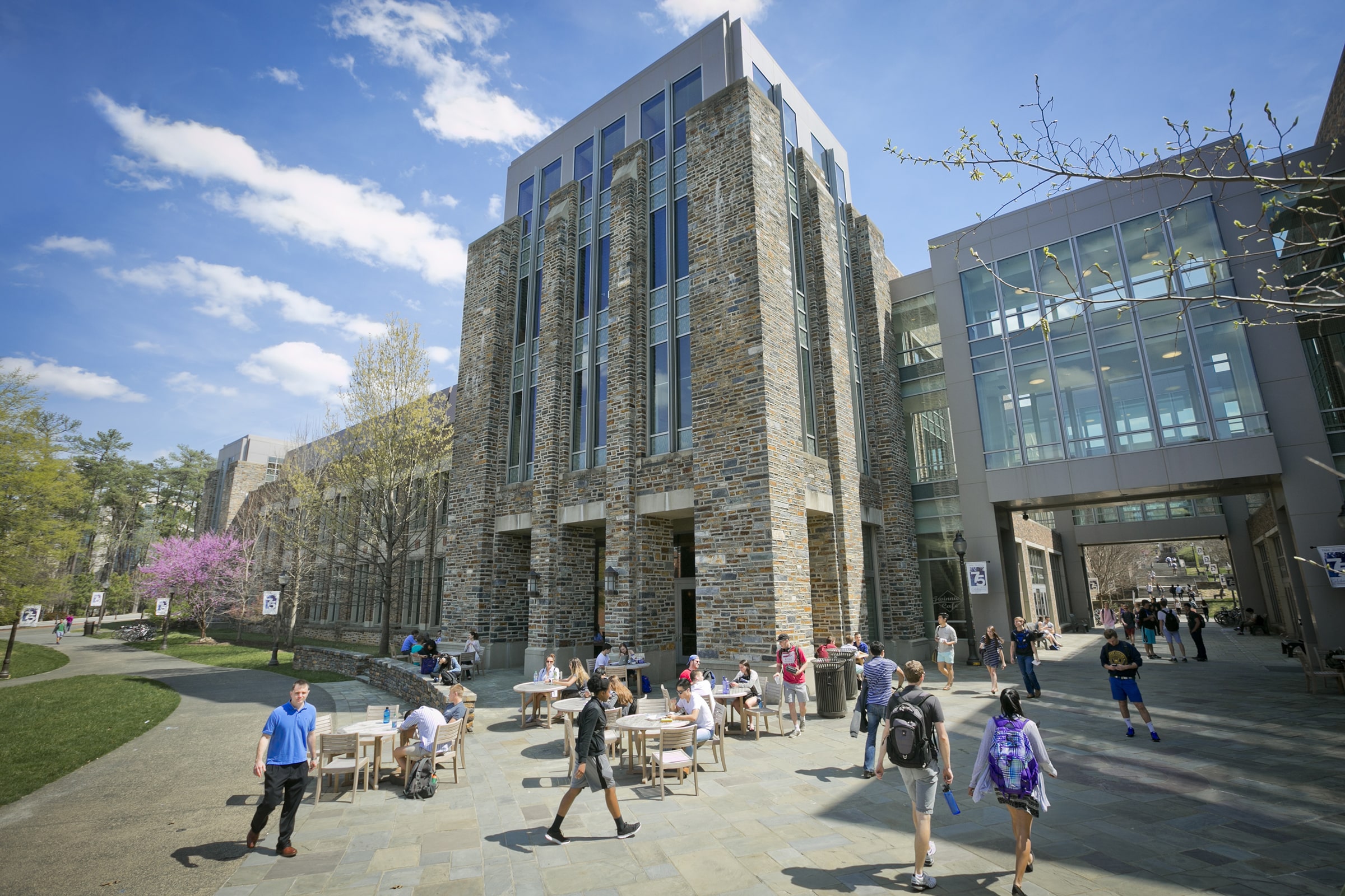 exterior of the Fitzpatrick Center for Interdisciplinary Engineering, Medicine and Applied Sciences in spring
