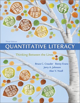 A book cover titled QUANTITATIVE LITERACY, Thinking Between the Lines, Third edition, by Bruce C. Crauder, Benny Evans, Jerry A. Johnson, and Alan V. Noell, DIGITAL UPDATE, shows a tree with leaves displaying questions like does my vote count.