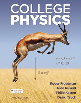 A book cover titled COLLEGE PHYSICS,THIRD EDITION, authored by Roger Freedman, Todd Ruskeil, Philip Kesten, and David Tauck features a photograph of a deer jumping across a grassland with equations displayed alongside.