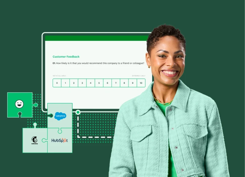 Smiling woman next to SurveyMonkey customer feedback survey template