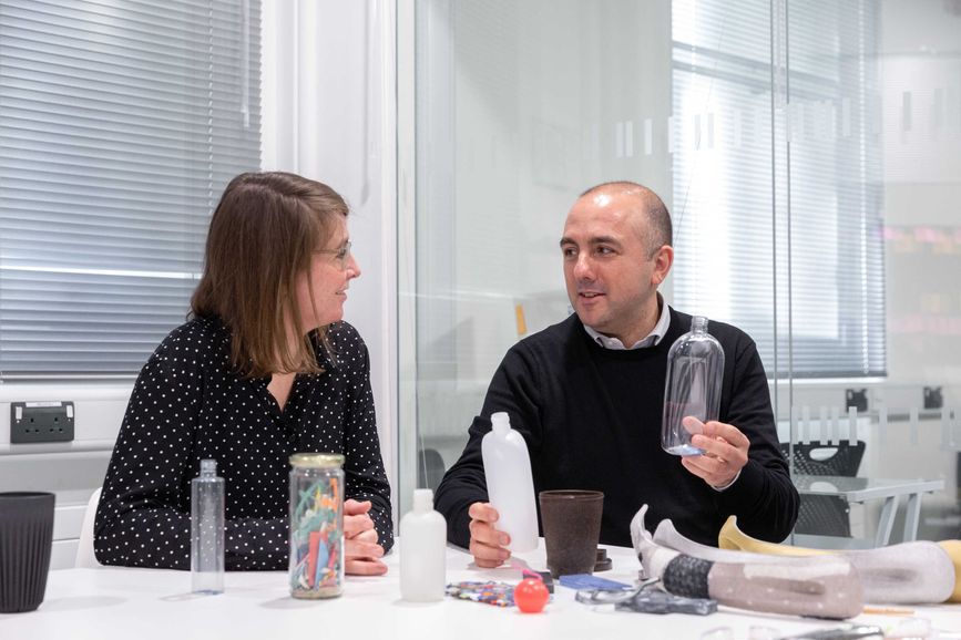 Dr. Marco Aurisicchio (Reader in Engineering Design) discussing material service system concepts with Dr. Anouk Zeeuw van der Laan (graduated PhD student)