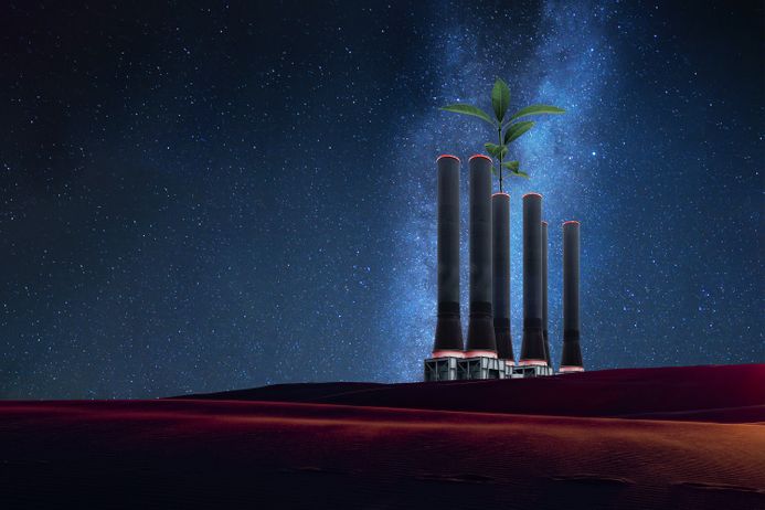 Undaunted collage: smoke stacks sit on a barren landscape in front of a starry sky with a plant emerging from their chimneys.