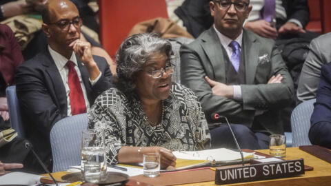 U.S. United Nations Ambassador Linda Thomas-Greenfield, center, addresses a meeting of the United Nations Security Council on the war in Gaza, Monday, March 11, 2024, at U.N. headquarters.