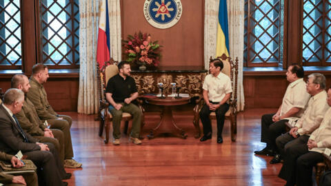 Ukrainian President Volodymyr Zelenskiy delivers opening remarks during a bilateral meeting with Philippine President Ferdinand "Bongbong" Marcos Jr. at the Malacanang Palace in Manila, Philippines, J