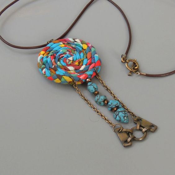 Long Pendant Necklace  Turquoise BohoTassel Statement Necklace / Upcycled: 