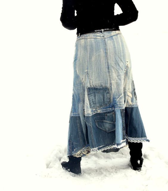 M-L Recycled denim jeans street fashion long skirt by jamfashion: 