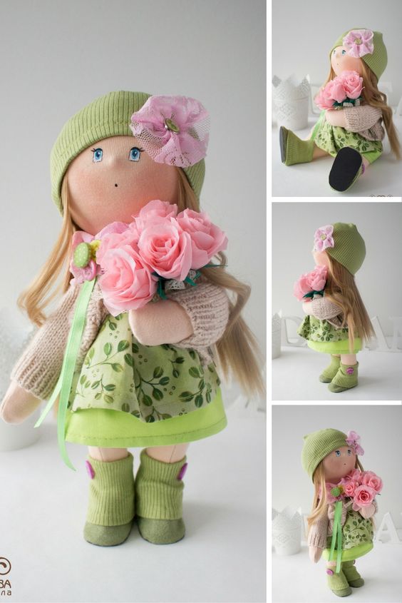 Sunny doll Tilda doll Art doll handmade green blonde colors Baby doll Soft doll Cloth doll Fabric doll toy by Master Yulia Postnova: 