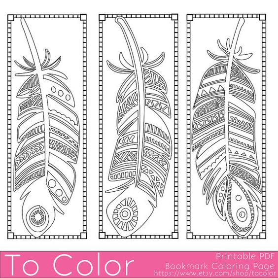 Printable Feathers Coloring Page Bookmarks for Adults, PDF / JPG, Instant Download, Coloring Book, Coloring Sheet, Grown Ups, Digital Stamp: 