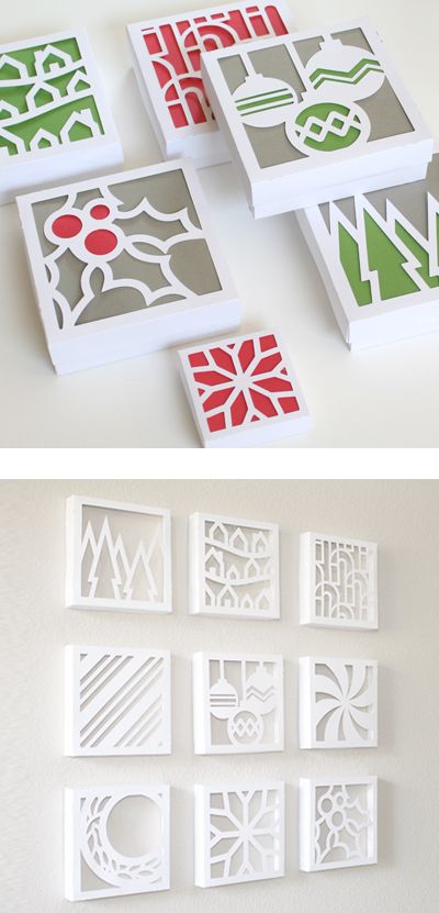 Canvas cutouts - flip over canvas, stencil, cut with x-acto knife. Glue paper to back of canvas for color.: 