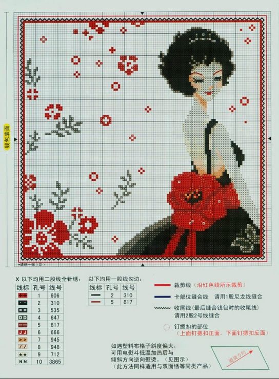 0 point de croix fille cheveux noirs et coquelicots - cross stitch black haired girl and poppies: 