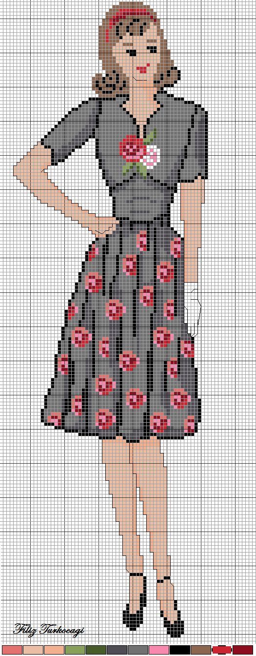 0 point de croix femme robe noir fleurs rouges  - cross stitch lady in black and red flowers dress: 