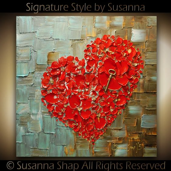 ORIGINAL Abstract Thick Texture Flowers Art Red Heart Key Painting Contemporary Gallery Fine Art by Susanna Ready to Hang Canvas 24x24. $345.00, via Etsy.: 