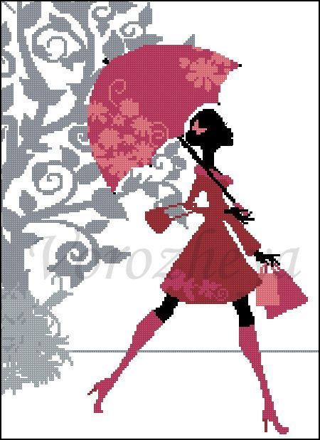 0 point de croix silhouette noir et rouge fille parapluie - cross stitch black and red girl and umbrella: 