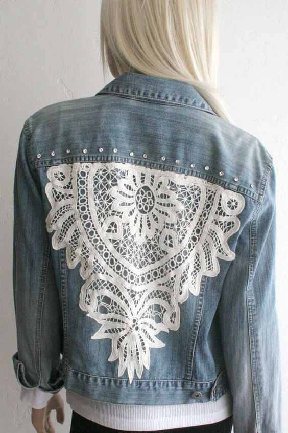 Denim Jacket with Swarovski Crystals and Crocheted Lace: 