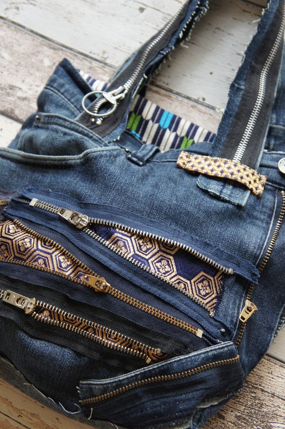 Recycled denim and zips, mixed with Japanese fabric bag.: 