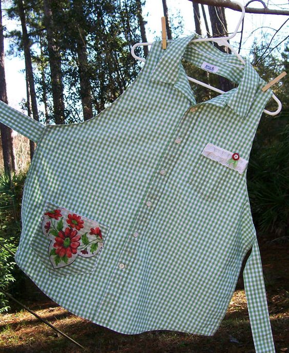 Upcycled Repurposed Woman's Shirt Apron with Vintage Hankie and Button Green & Red: 