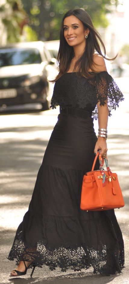 Maria Sophia Black Lace Off The Shoulder Maxi Dress: 