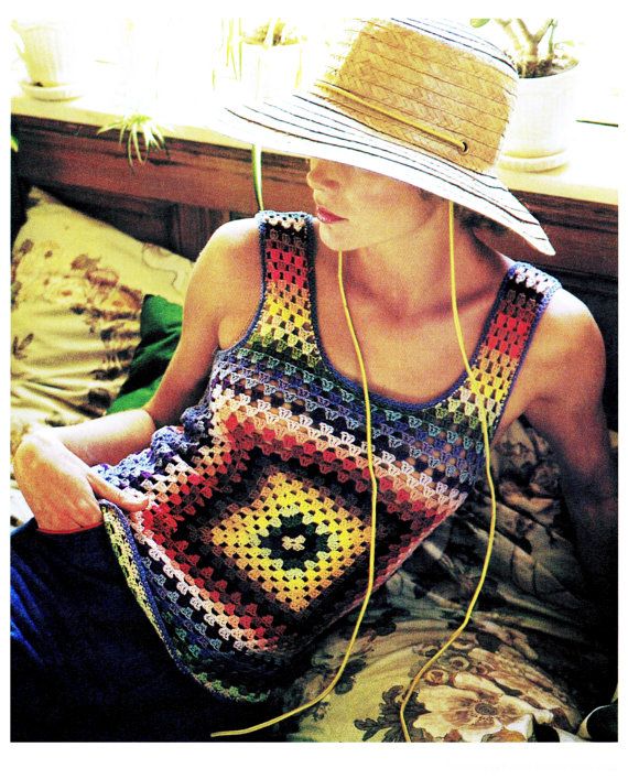 INSTANT DOWNLOAD    Vintage 70s Crochet Granny Square TANK TOP Camisole PDF Pattern - Eco Friendly    Vintage 70s Bohemian Crochet Granny Square: 