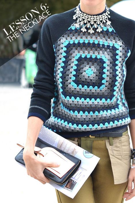nice idea: crochet granny square + fabric T-shirt sleeves