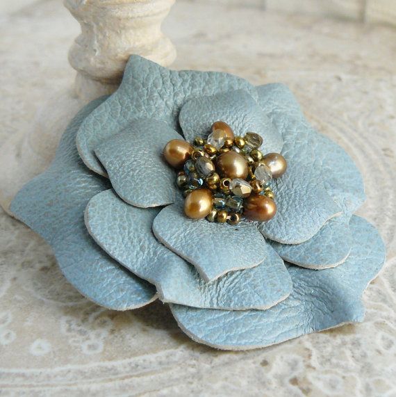 Ruffles Beaded Leather Flower Pin in Oracle ❤ by Viridian on Etsy: 