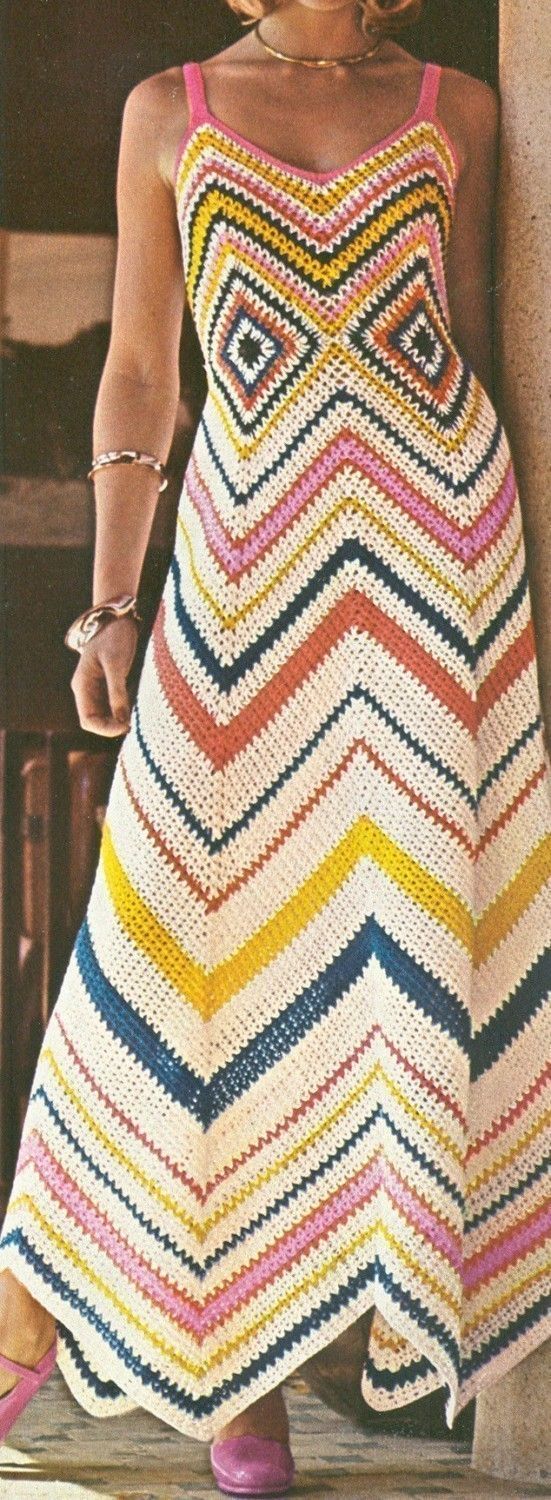 Love, love, love, this Vintage 1970s Chevron Crochet Maxi  Dress Pattern.: 