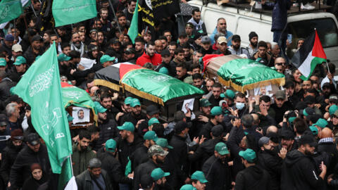 Mourners gather during the funeral of deputy head of Hamas, Saleh al-Arouri, who was killed by what Lebanese and Palestinian security sources say was a drone strike by Israel in Beirut, Lebanon Januar