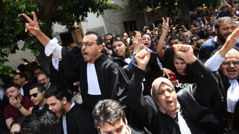 Lawyers chanting anti-Saied slogans outside the main courthouse in Tunis on Thursday, May 16, 2024.