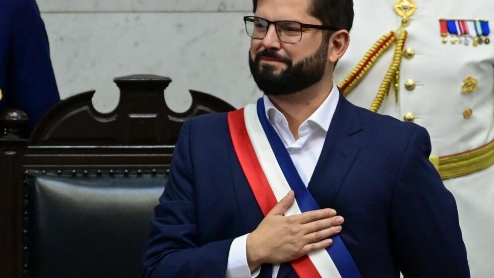 Chile's new President Gabriel Boric gestures during his inauguration ceremony at the Congress in Valparaiso, Chile on March 11, 2022. 