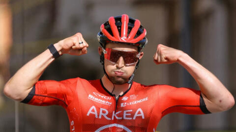 French rider Kevin Vauquelin cycles to the finish line to win the 2nd stage of the 111th edition of the Tour de France cycling race, 199 km between Cesenatico and Bologna, in Italy, on June 30, 2024.