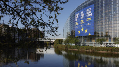 A multilingual banner urging Europeans to vote in the upcoming elections on the European Parliament building in Strasbourg on April 11, 2024.