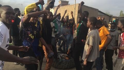 Demonstrators shout slogans during a protest in N'Djamena on October 20, 2022.