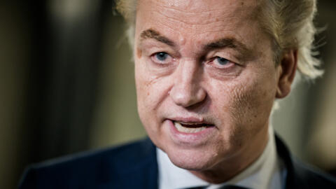 Dutch PVV far-right leader Geert Wilders addresses media after a new round of discussions in The Hague, on March 1, 2024.