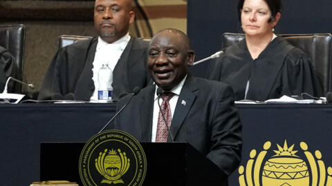 South African President Cyril Ramaphosa speaks after being re-elected as president of South Africa.