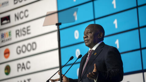 South African President Cyril Ramaphosa speaks during the announcement of the results in South Africa's general elections in Johannesburg, South Africa on June 2, 2024.