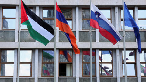 العلم الفلسطيني يرفرف بين أعلام أخرى، بما في ذلك علم أرمينيا، أمام البرلمان السلوفيني بعد اعتراف سلوفينيا بدولة فلسطين. سلوفينيا، 5 يونيو 2024.