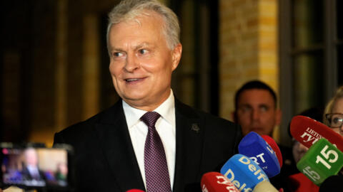 Lithuanian President Gitanas Nauseda speaks to media as he celebrates his victory in the final round of the presidential election in Vilnius, Lithuania on May 26, 2024.