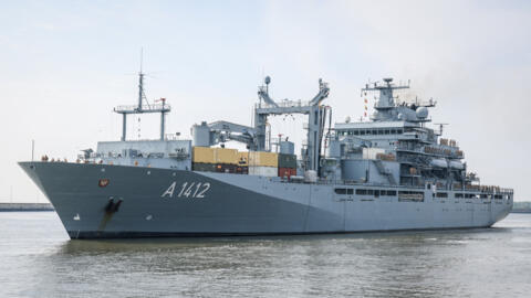 The Berlin-class replenishing ship A 1412 Frankfurt am Main of the German Navy (Bundesmarine) leaves its home port Wilhelmshaven, northwestern Germany, for the Indo-Pacific Deployment, on May 7, 2024.