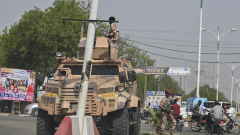 An armoured vehicle of Chad's army forces is deployed in N'Djamena on May 10, 2024, a day after the announcement of the results of Chad's presidential election.