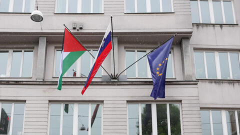 العلم الفلسطيني على مقر الحكومة السلوفينية إلى جانب علم البلاد وعلم الاتحاد الأوربي بعيد الاعتراف بدولة فلسطين.