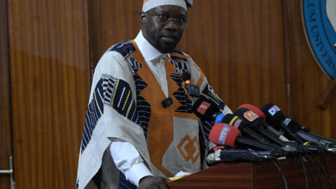 Senegalese Prime Minister Ousmane Sonko delivers a speech during a conference at the Cheikh Anta Diop university in Dakar on May 16, 2024.