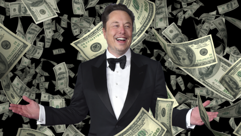 Elon Musk au milieu d'une pluie de billets de banque