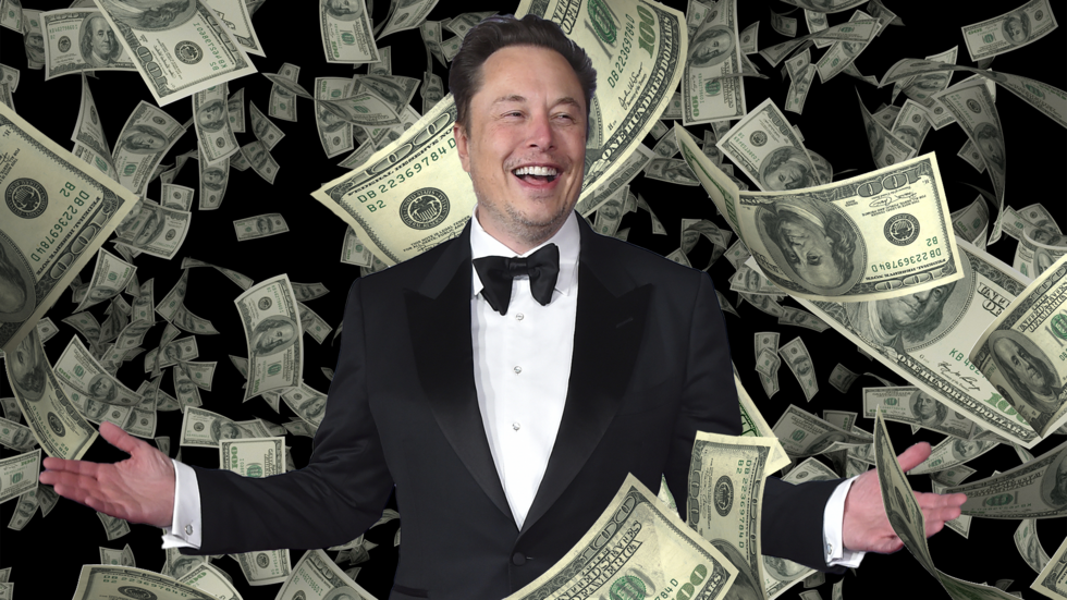 Elon Musk au milieu d'une pluie de billets de banque