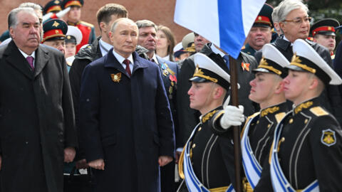 Russian President Vladimir Putin and other state leaders take part in a flower-laying ceremony at the Tomb of the Unknown Soldier on Victory Day in central Moscow, Russia on May 9, 2024.