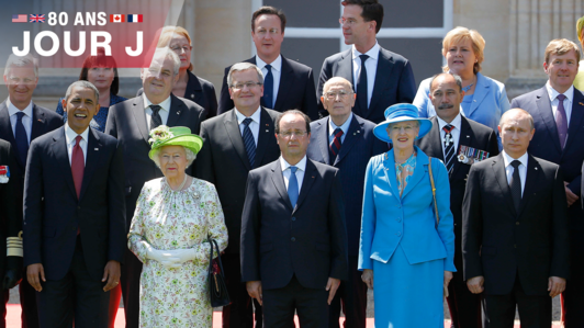 Le 6 juin 2014, François Hollande, Barack Obama, la reine Elizabeth II, Vladimir Poutine, Petro Porochenko et David Cameron prennent la pose devant le château de Bénouville en Normandie